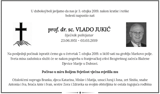 Obavijest o komemoraciji i sahrani prof. dr. sc. Vlade Jukića