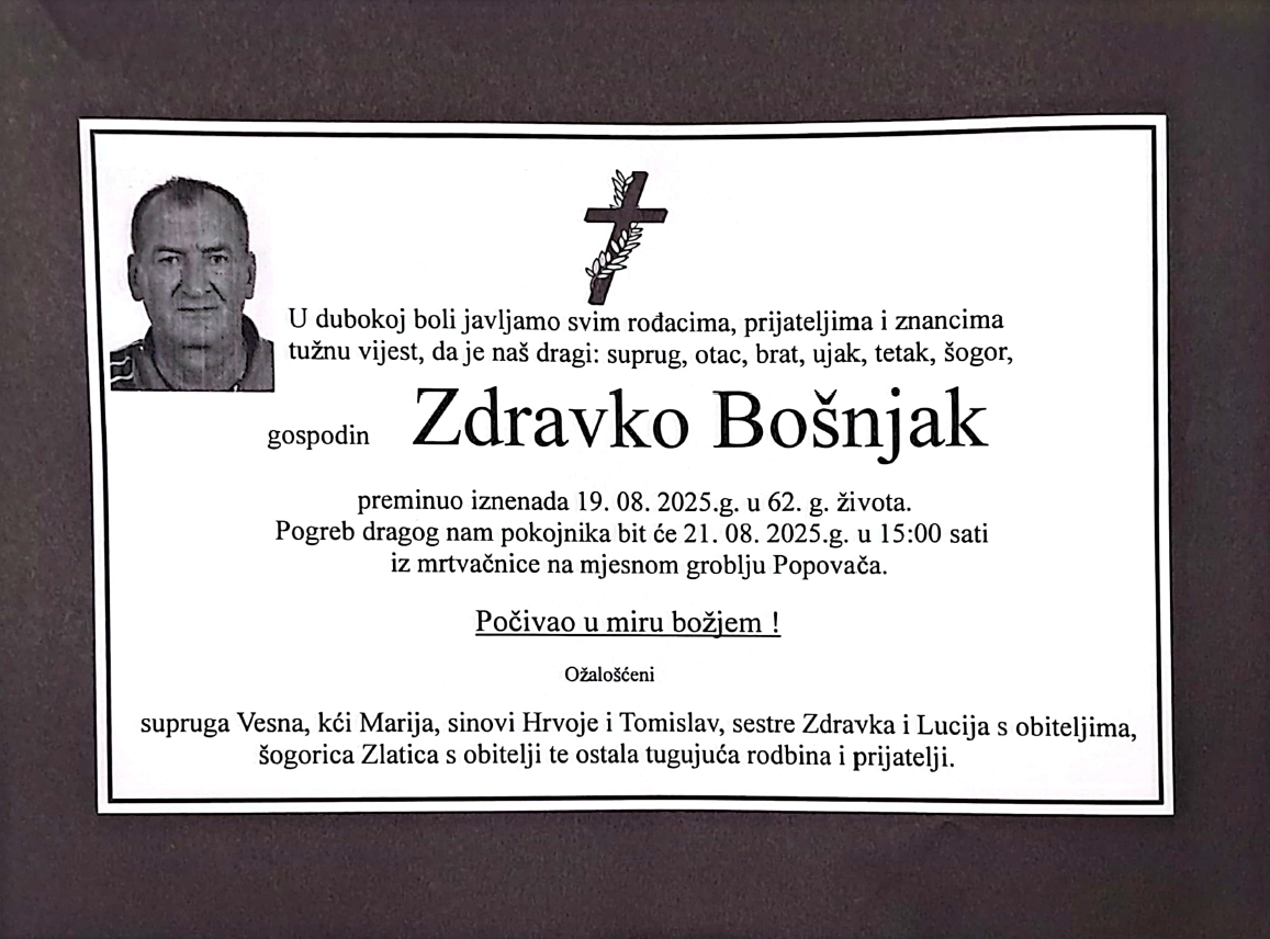 Obavijest o smrti - Zdravko Bošnjak