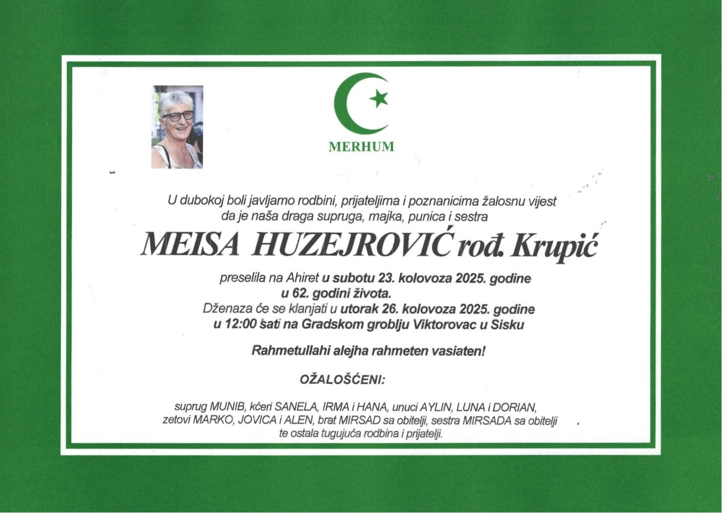 Obavijest o smrti - Meisa Huzejrović