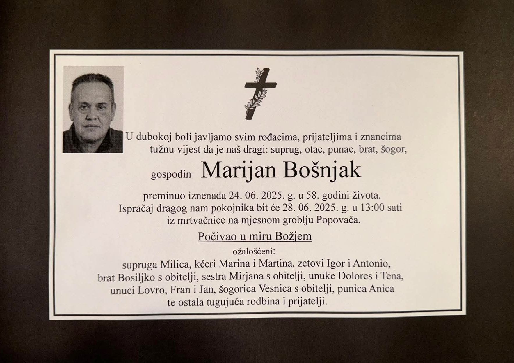 Obavijest o smrti - Marijan Bošnjak