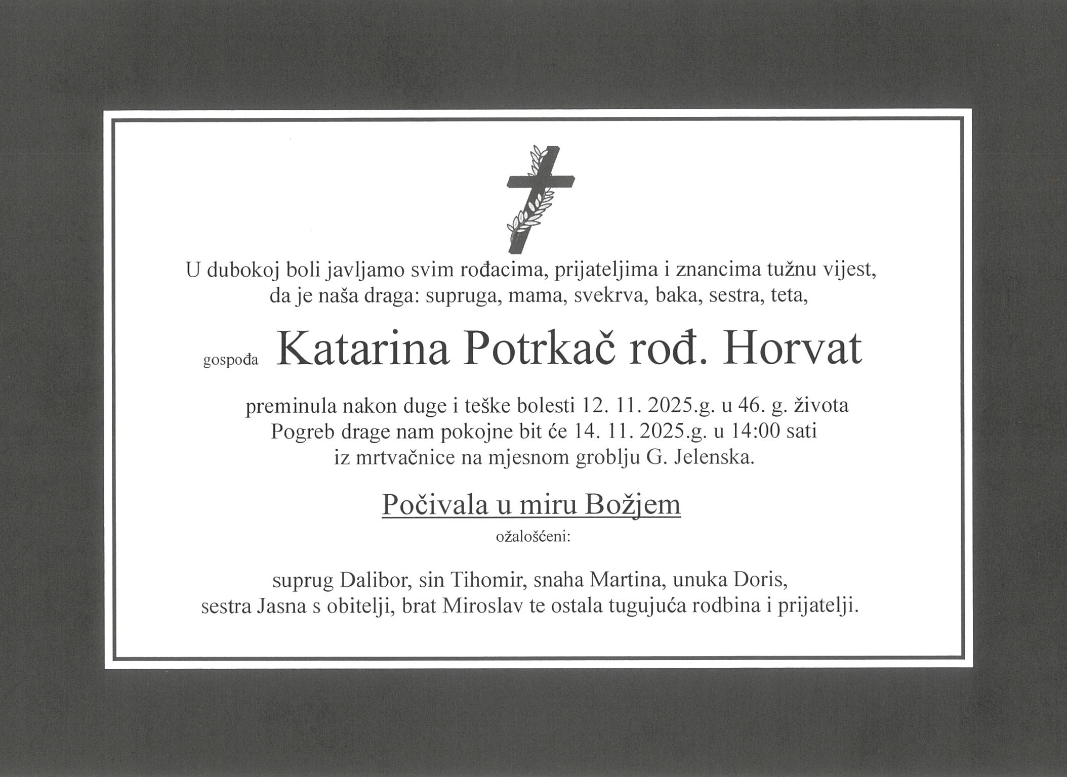 Obavijest o smrti - Katarina Potrkač